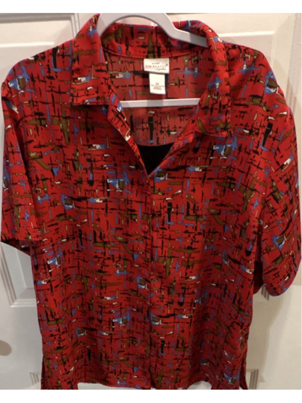Kim Rogers Signature Women's 2X Red Abstract Chiffon Collared Button Blouse